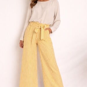 Express Yellow Striped High-Waist Wide-Leg Pants with Tie Waist